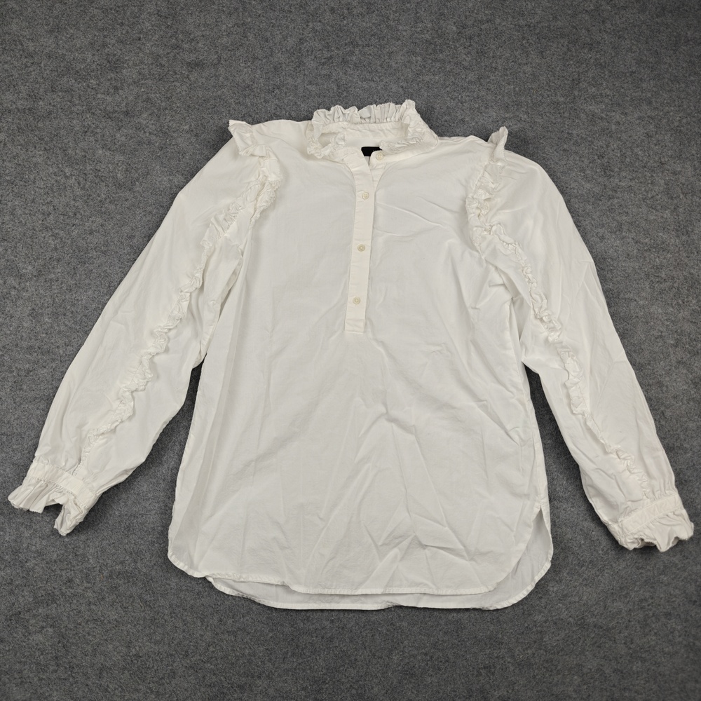 J.CREW Blouse Womens Small White Cotton Tunic Ruffle Button Long Sleeve